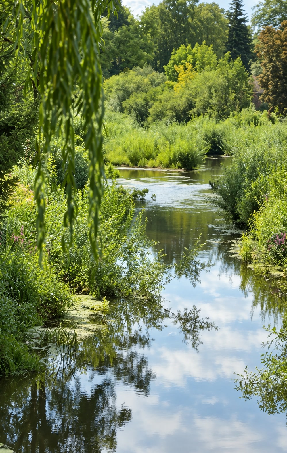 Von Weiden und dichter Ufervegetation gesäumte Aue in Bad Bramstedt
